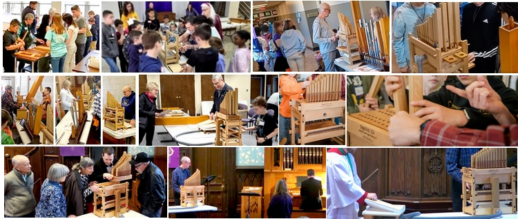 Collage of chapter
              events using borrowed Orgelkids Do-organ