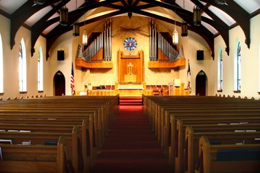 Bethlehem UCC Evansville, view of chancel area including organ pipes