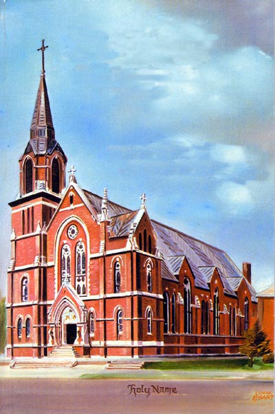 Painting of exterior of Holy Name Catholic Church by Lamar Egart.